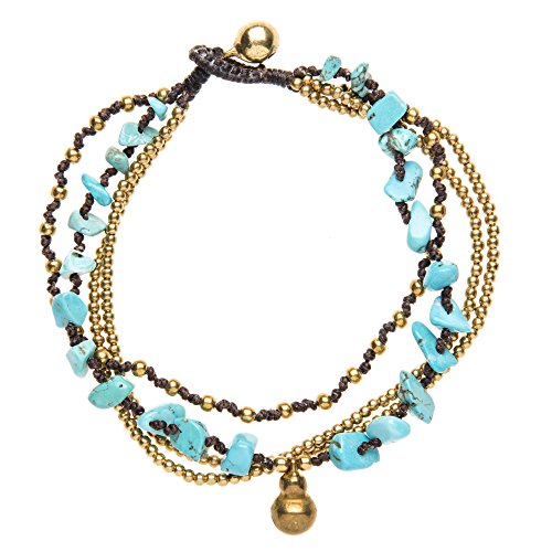 Women's Brass Gold Tone Simulated Turquoise Bell Bead Ankle Anklet Bracelet, 26 cm