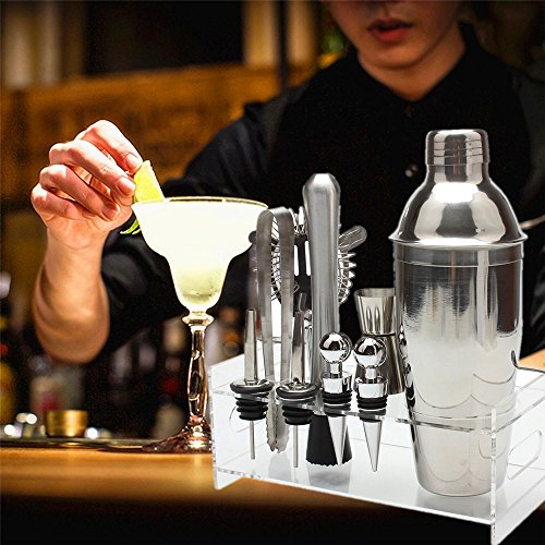 Fenleo Cocktail Shaker Set Bartender Kit with Acrylic Base by 18.8 oz Stainless Steel Shaker, Strainer,Muddler, Mixing Spoon,Ice Tongs, Jigger, 2 Liquor pourers,2 Wine stopper