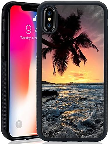iPhone X 5.8 inch Case, Sunset Sea Palm Tree Ocean Wave Design Hard PC Soft Silicone Protective Durable Shockproof Case for iPhone X/iPhone 10