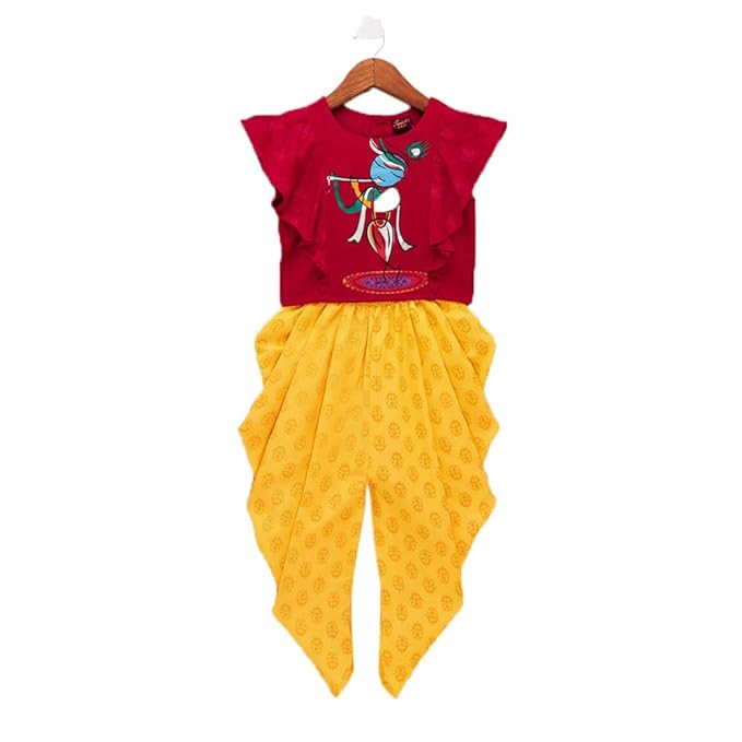 TWISHA By Hopscotch Baby Girls Cotton Cut Top With Krishna Print And Printed Dhoti in Red Color