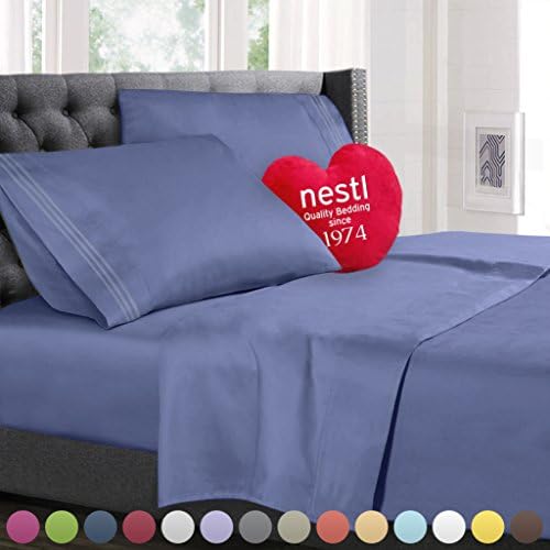 Nestl Bedding Soft Sheets Set – 4 Piece Bed Sheet Set, 3-Line Design Pillowcases – Wrinkle Free – 8”–12” Fitted Sheet for Low Profile – RV Short Queen, Steel Blue