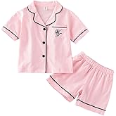 JWWN Toddler Boys Girls Summer Pajamas Short Set Baby Button Down Sleepwear, Little Kids Sleep Shirt & Shorts 2Pcs PJ Set