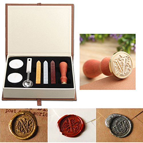 Seal Wax Kit,PUQU Vintage Initial Letters A-Z Alphabet Wax Badge Seal Stamp Kit Wax Set Tool Gift(V)