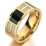 INBLUE Men's Stainless Steel Enamel Ring Band CZ Gold Tone Black Wedding