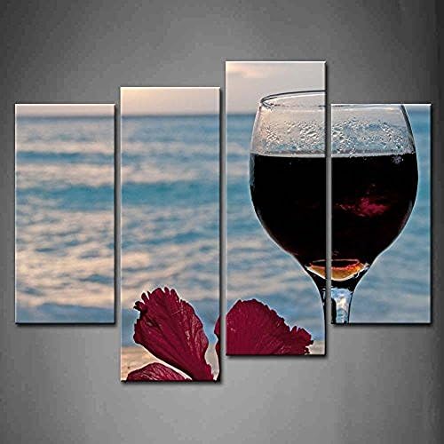 TMD Shop 4 Panel Wall Art Glass Of Wine With A Flower On The Beach Painting Pictures Print On Canvas Fruit The Picture For Home Modern Decoration piece