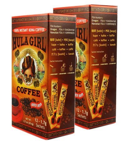 2 - Boxes of Hula Girl 12 Single Serve Sachets 100% Hawaiian Freeze Dried Instant Kona Coffee 1.7 grams each sachet