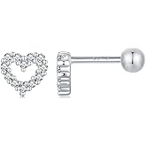 Kokoma 18G Love Heart Sterling Silver Earrings Hypoallergenic for Women Girls Cubic Zirconia Cartilage Tragus Piercing Earrings Post Screw Back Small Ear Jewelry