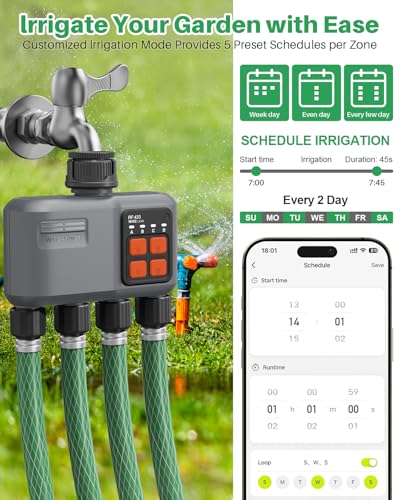Smart WiFi Water Timer 4-Zone, Sprinkler Timer with with 984 Feet RF Gateway, 4 Outlets Hose Timer with Rain Delay, Wireless Irrigation Timer with Automatic/Manual for Garden/Lawn