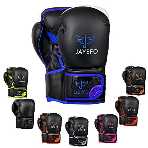 Jayefo Glorious Professional Boxing Gloves with Gel - Leather Sparring Gloves for Boxing, Kick Boxing, Muay Thai and MMA - Heavy Bag Gloves for Heavy Boxing Punching Bag - 12 OZ - Blue
