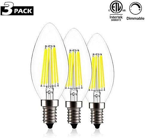 CREATE BRIGHT C35 Edison Blunt Tip Filament Candelabra LED Bulb,6W(60W Incandescent Equivalent),Dimmable LED Candle Bulbs,E12 Base Lamp,520lm,6400K Daylight,360°Beam Angle,ETL Listed,Pack of 3