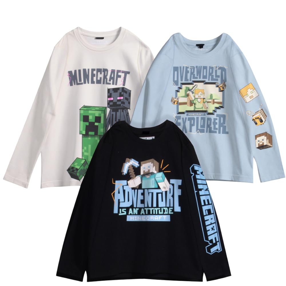 Photo 1 of ** 1 PACK ** Minecraft Boy's T-Shirt 3-Pack - Casual, Long Sleeve, Soft Cotton Gaming Tees for Kids - Steve, Creeper, Zombie, Skeleton Graphic Print (Black/Cream/Blue, Size 8)