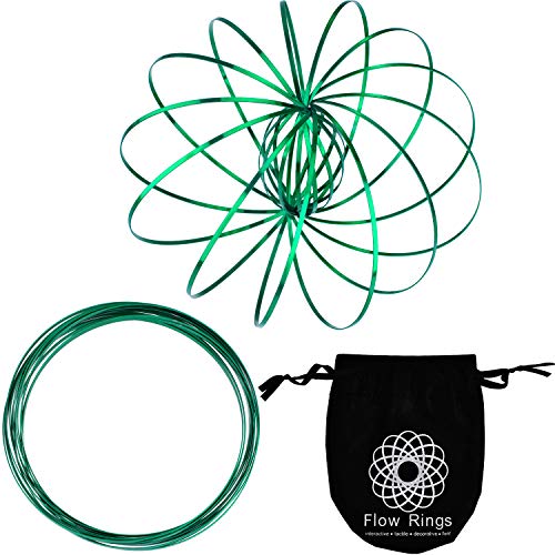 Maxdot 2 Pack Flow Ring Spinner Ring Arm Slinky Toy Interactive 3D Sculpture Ring for Kids Teens Adults Spinning Metal Globe Slides Down Arms (Green)