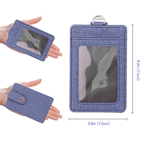 ID Badge Holders with 1 ID Window and 2 Card Slot with Detachable Reel Type Neck Lanyards & Reel Clip 2-Sided Vertical PU Leather Employee Certificate Pass Case Name Holder(Blue) - Thumbnail 2