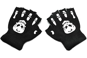 MinnowXY Toddler Kids Halloween Cosplay Skeleton Skull Half Finger Gloves Glow in The Dark Luminous Fingerless Winter Mittens Black+White