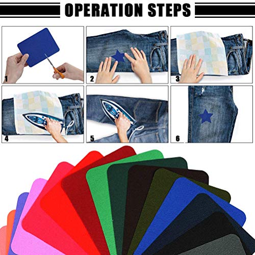 WOWOSS 30 Pieces Iron On Fabric Patches and Mini Sewing Kit for Repaire Jeans, Pants, Shirts and Clothing, 29 Colors, 4.9 x 3.7 Inch