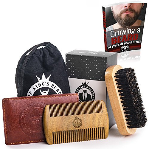 Beard Brush and Comb Set for Men Care by The King s Beard - Bamboo Beard Brush with Boar Bristle & Sandalwood Comb with PU Leather Case - Gift Box & Friendly Travel Bag - Great for Wet or Dry Beards