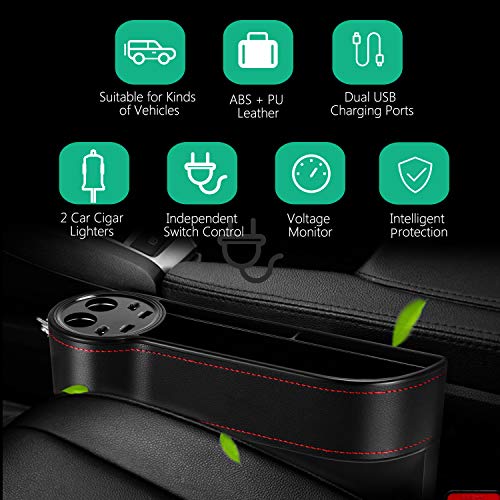 AUTOLOVER Car Seat Gap Filler, C15 Premium PU Leather Car Seat Side Pocket Organizer Car Seat Storage Organize with 2 USB Chargers and 2 Lighters