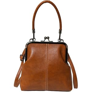 Vintage Handle Bag for Women - Kiss-lock Top, Retro PU Leather Handbag,