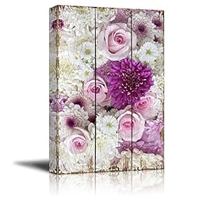 Field with Daisies, Pink Roses, and Purple Flowers Over Wooden Panels - Nature - Canvas Art Home Art - 12x18 inches