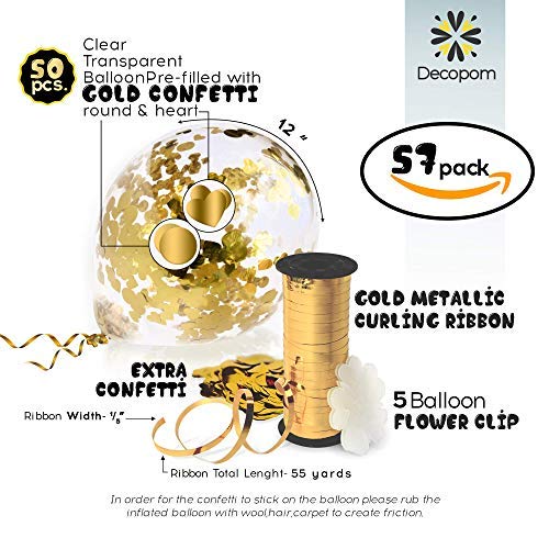 Decopom Gold Confetti Balloons Curling Ribbon - Roll & Flower Clips 57 Pack | Premium 12 Inch Latex Party Balloons - Filled Round Golden Mylar Foil Dot Confetti Birthday, Wedding, Proposal
