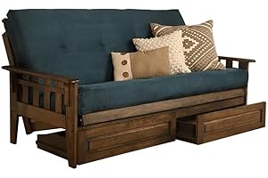 KODIAK FURNITURE Kodiak Tucson Queen Futon Frame with Storage Drawers - Wood Futon Set with Mattress Included in Suede Fabric Mattress (Black/Walnut)