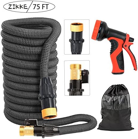 Deluxe Expandable Garden Watering Hose - Zikke Imported 3-Layer Latex Tube, 75ft, Brass Fittings, 8 Multiple Spray Patterns Gun, USA Standard, Kink Free, Easy Storage, Expanding Flexible