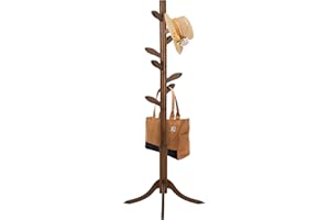 BEKRVIO Coat Rack Freestanding Bamboo Coat Tree Rack with 8 Leaf Hooks, 3-Size Height Adjustable for Adults & Kids, Clothes Hanger Stand for Jacket, Hat, Entryway/Hallway/Corner/Bedroom (Vintage Brown)