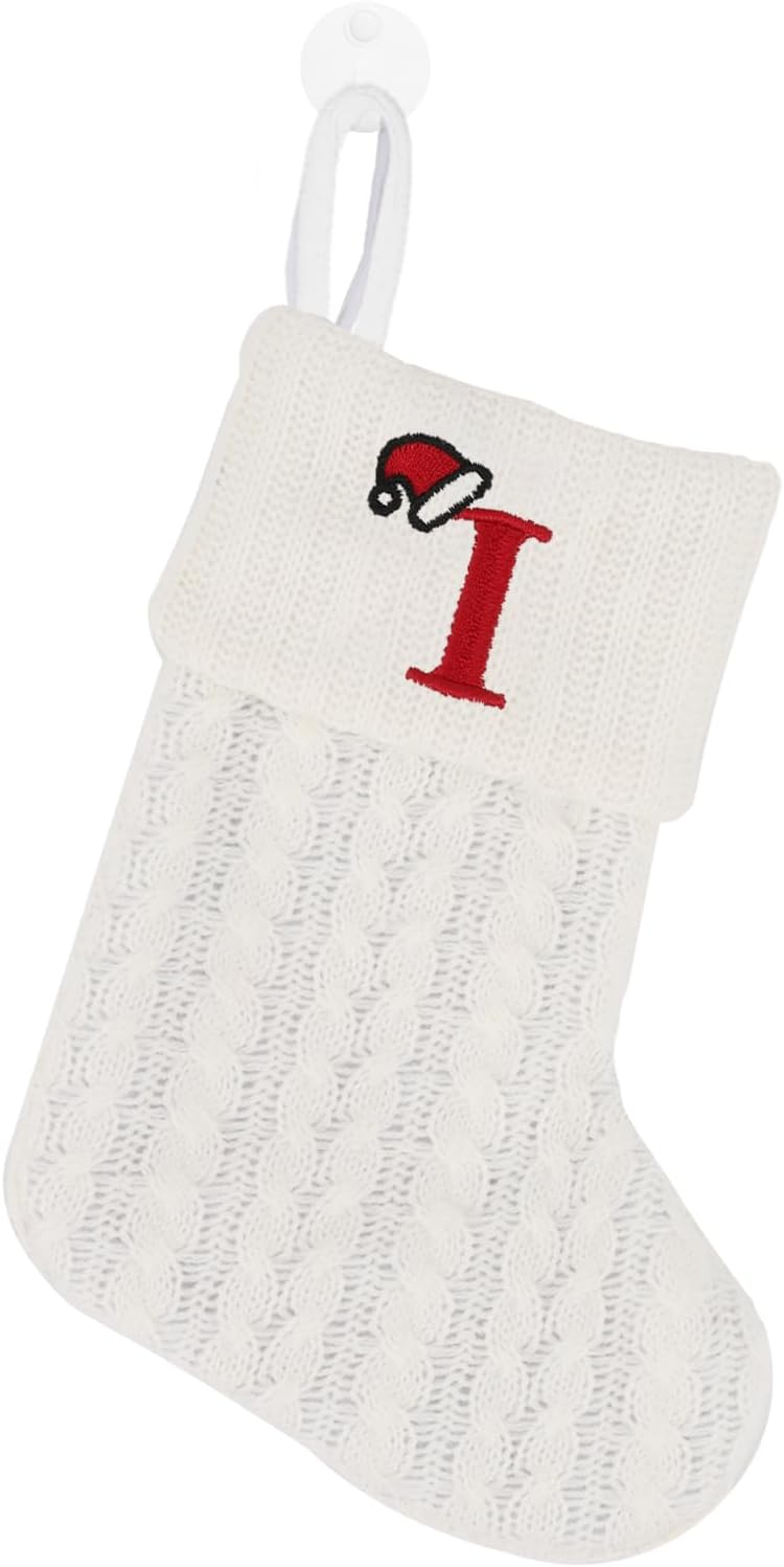 Stockings & Holders - OJCHRLKF 7 Inches Mini Cute Initial Monogram Embroidered Christmas Stocking Knitted Christmas Decorations Stocking Red,White,Green Knit Mini Stocking Christmas Decorations-58-I-White