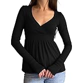 Thseonde Women Long Sleeve Babydoll Tops Cute Y2k Fairy Grunge V Neck Peplum Blouse Vintage Girls Teens Tee Shirts