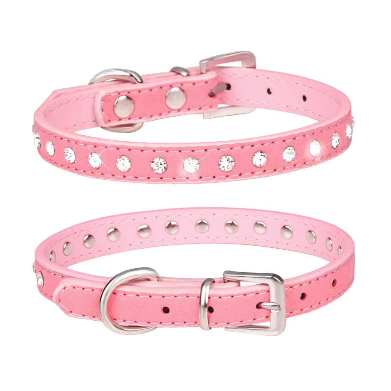 haoyueer Cute Dazzling Sparkling Elegant Fancy Suede Leather 1 Rows Bling Rhinestone Crystal Jeweled Small Pet Cat Dog Puppy Collar … (S, Pink)