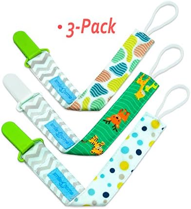 Pacifier Clip by Smilehome, Unique Double Layer Design, Mam’s Choice Soother/Soothie Chain, Dummy Holder for Baby Boys/Unisex, Animal & Geometrical Patterns, Green & White (3-Pack)