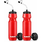 BuildLife 2 Pack Sports Water Bottle - Hockey Water Bottle with Long Straw and 2 lids (Straw and Squeeze) for Helmet Sports Hockey, Lacrosse, Football, Boxing, BPA Free,Dishwash Safe (Red)