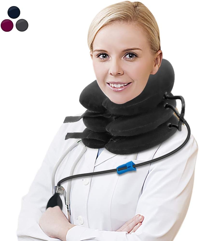 Neck Traction, Cervical Neck Traction Device, LEMBO DIRECT Air Neck Therapy Inflatable & Adjustable Stretcher Collar Brace Spine Alignment Pillow for Neck Shoulder Back Head Spine Pain Relief, Grey