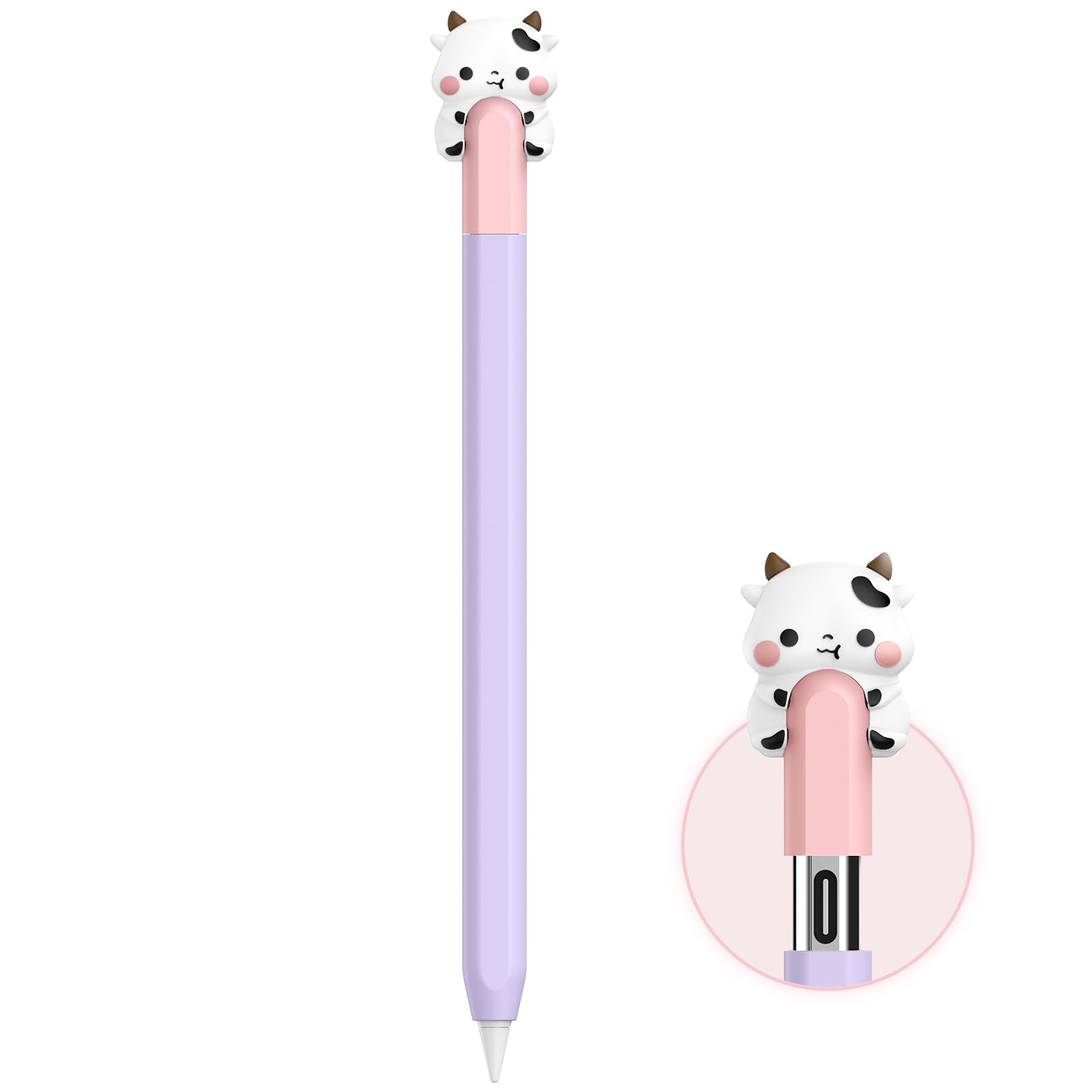 NIUTRENDZ Cute Cow Case for Apple Pencil USB-C Case Silicone Protective Cover Sleeve Skin Accessories【Magnetic Charging & Double Tap】 (Purple)