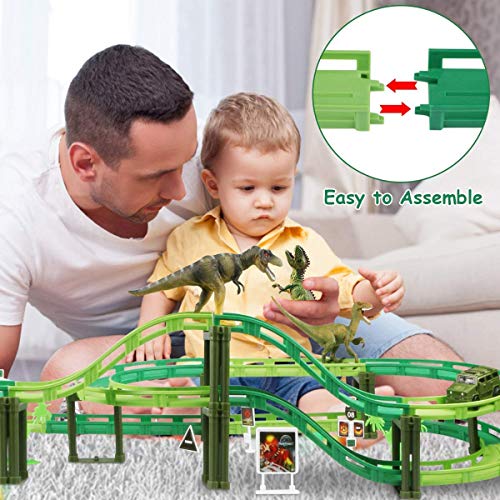 Magicfun Dinosaur Race Track - Car Race Track Train Tracks Set with 1 Car and 3 Dinosaurs Toys for Boys Toddlers Kids Game Gifts Playset