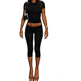 ZFLM casual sports women's two-piece set with short sleeves exposed navel high waistfoldable cropped pants sports suit