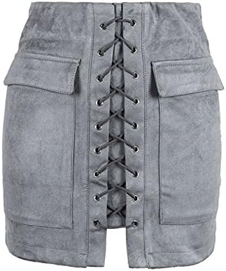 Hathawlyth Women's Curvy Faux Suede High Waist Lace Up A-line Mini Bodycorn Skirt,Grey02,Medium Grey03Medium