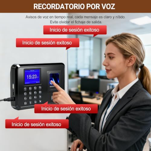 3 in 1 Biometric Fichar Clock - Time Control with Fingerprint, RFID Card and PIN Code - Small Business Assistance Machine, No Monthly Fee, 10 Cards Included, Spanish