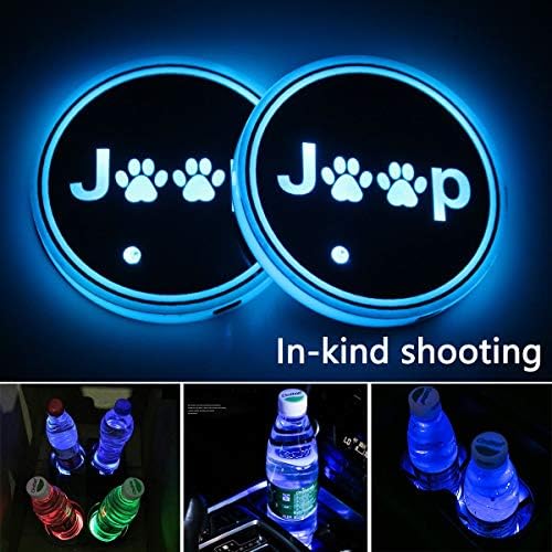 2pcs LED Car Logo Cup Holder Lights for Jeep, 7 Colors Changing USB Charging Mat Luminescent Cup Pad, LED Interior Atmosphere Lamp Decoration Light. (Paw)