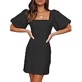 Misng Women's Square Neck Short Puff Sleeves Mini Dresses Stretch Slim Casual Dress with Zipper