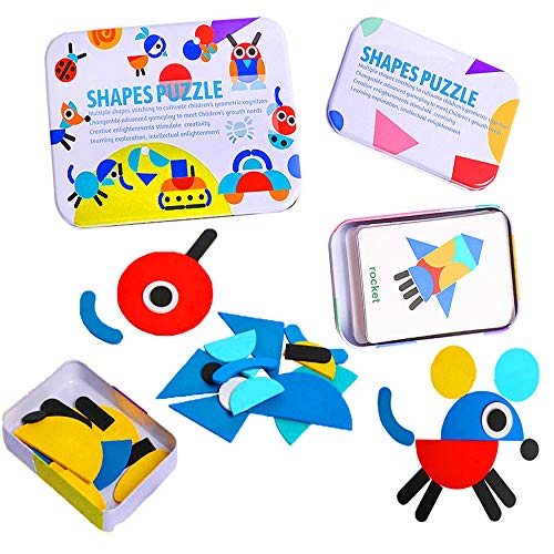 JCREN Wooden Pattern Blocks Animals Jigsaw Shape Puzzle Travel Sorting and Stacking Games Montessori Educational Toys for Toddlers Kids 2+ Years Old (36 Shape Pieces and 60 Design Cards in Iron Box