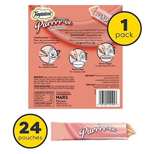 TEMPTATIONS CREAMY PUREE SQUEEZABLE LICKABLE CAT TREATS, WET CAT TREATS WITH SALMON, 0.42 OZ. TUBES, 24 COUNT – PACKAGING MAY VARY