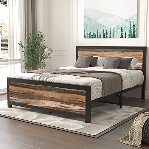 Queen Size Metal Platform Bed Frame with Wooden Headboard, Country