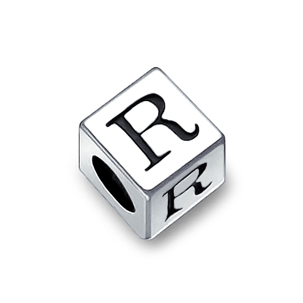 Bling Jewelry Block Letter R Alphabet Initial Charm Bead For Women For Teen .925 Sterling Silver For European Bracelet