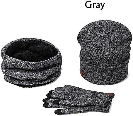 Fashion Unisex Knitting Winter Loop SCARF Beanie HAT Touch Screen GLOVES Sets For Men Women Solid Color Soft Warm Infinity Knit Thick Gray