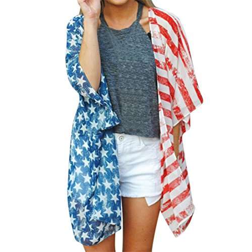 Ladies Cardigan MoseWomen Loose Long Sleeve American Flag Print kimono Cardigan Coat (L, Multicolor)