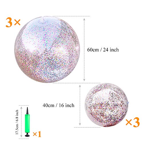 Litthing Glitter Beach Ball Pool Water Ball Party Ball for Holidays Summer Beach with Inflator 3 Pieces 16 inch and 3 Pieces 24 inch - Thumbnail 6