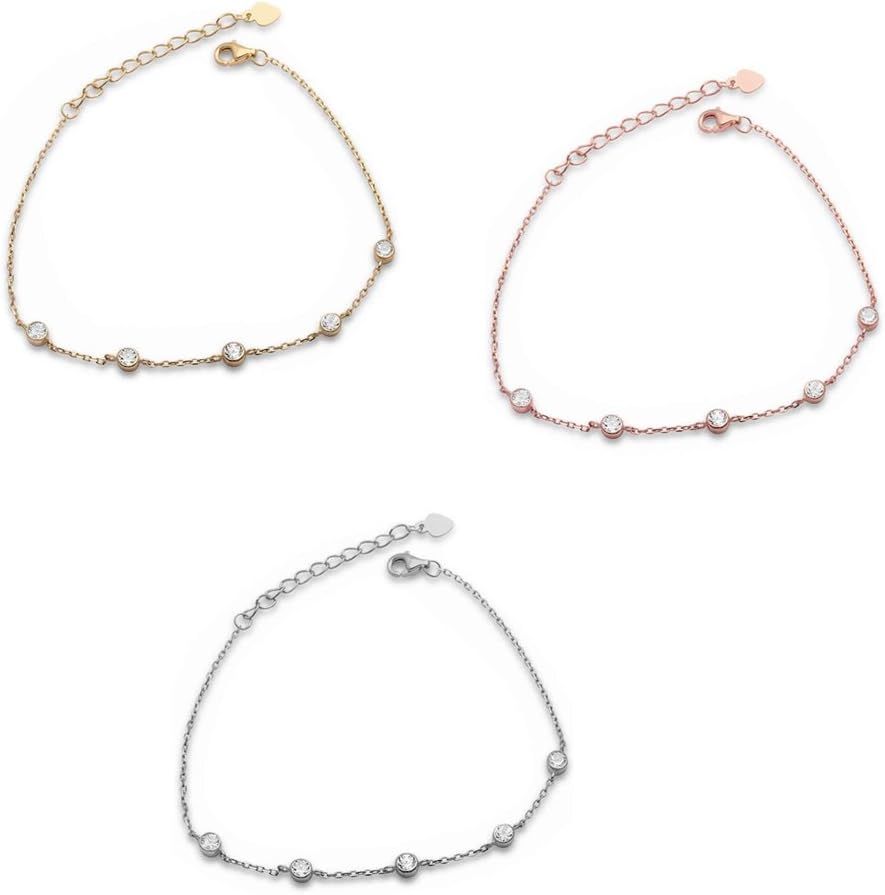 OMEGA DIAMOND COYellow,Rose,Silver 5 Bezel Set Cz 925 Sterling Silver Chain Link Lobster-Claw Bracelet (Rose Gold-Plated-Silver)