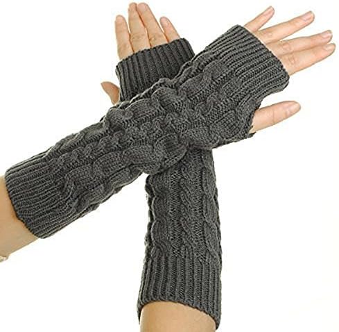 1 Pair Autumn Winter Warm Women's Cable Knit Arm Warmer Fingerless Gloves Thumb Hole Gloves Mittens Grey