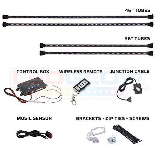 LEDGlow 4pc Million Color Wireless LED Car Underbody Underglow Lighting Kit - 4 Underbody Lighting Tubes - 378 SMD LEDs - 18 Unique Colors - 12 Unique Lighting Patterns